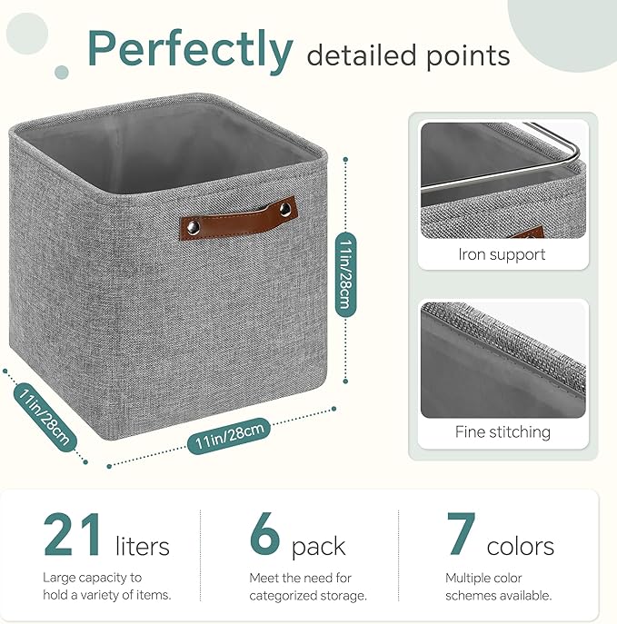FinishingBo Cube Storage Baskets 6 Pack, 11x11 inch Cube Storage Bins with Leather Handles for Shelf Closet (Gray)