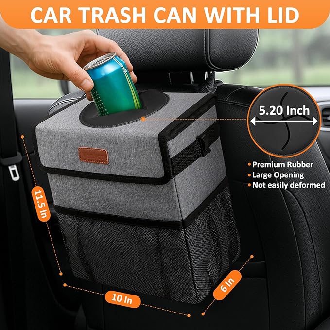 3 Gallons Car Trash Can with Lid, Car Trash Bag Bin Hanging Waterproof Automotive Garbage Cans Leak Proof Vehicle Can Grey