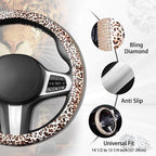 AUTOYOUTH Leopard Print Steering Wheel Cover - Bling Crystal Rhinestones Cheetah Print on PVC Leather Non-Slip Breathable Des