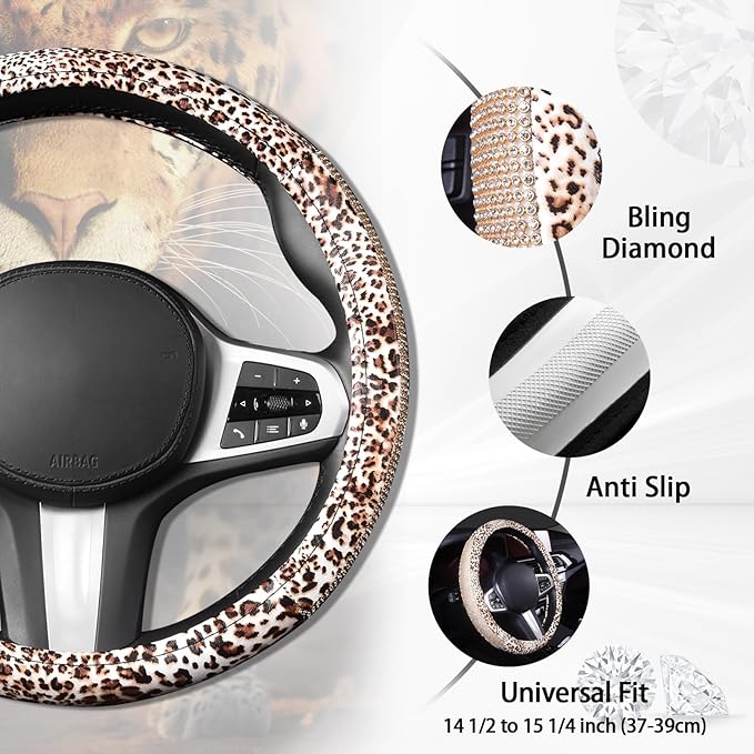 AUTOYOUTH Leopard Print Steering Wheel Cover - Bling Crystal Rhinestones Cheetah Print on PVC Leather Non-Slip Breathable Des