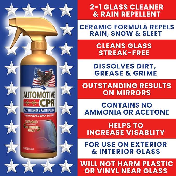 Glass Cleaner & Rain Repellent – Premium Ceramic 2-in-1 Formula Cleans & Protects – Streak-Free Shine for Windshields, Window