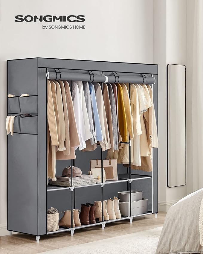SONGMICS Portable Closet, Wardrobe Closet Organizer with Cover, 4 Hanging Rods and Shelves, 4 Side Pockets, 66.9 x 17.7 x 65.