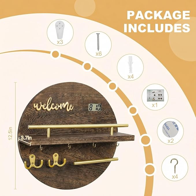 Key Holder for Wall, Key and Mail Holder Organizer with - Key Holder Wall Mount - Round Wooden Rustic Home Decor for Entryway