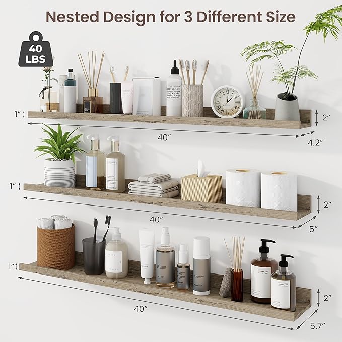 Axeman 40 Inch Floating Shelves | Grey Picture Ledge Shelf Set of 3 | Rustic Grey Wood Wall Shelves with Lip | 40" Picture Sh