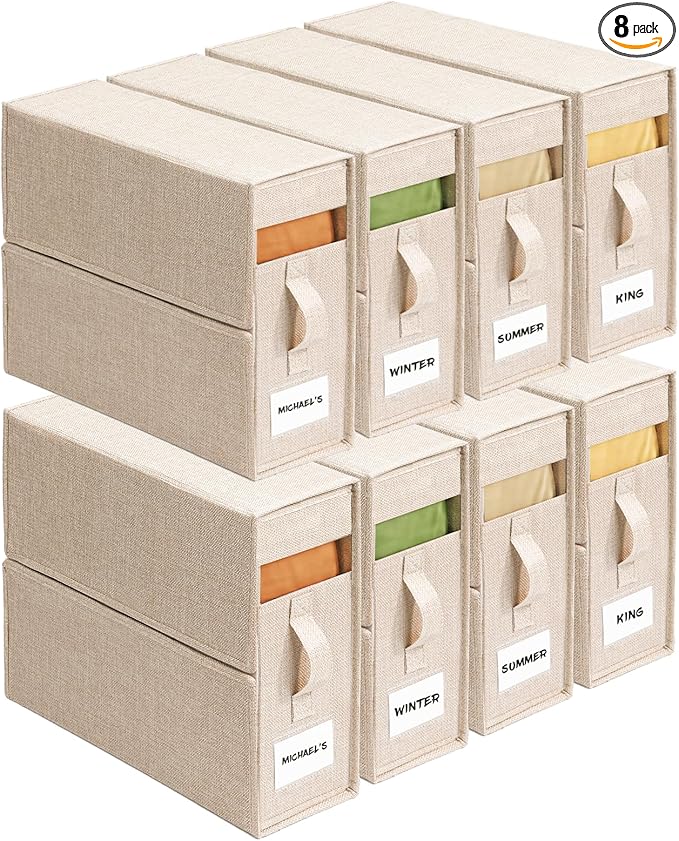 8Pack Sheet Organizers for Linen Closet - King/Queen Size Bedding Storage Boxes with Clear Window | Foldable, Dustproof Linen