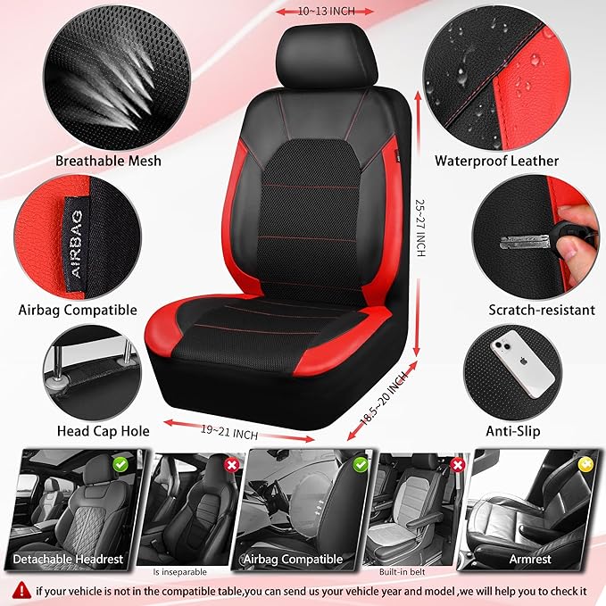 CAR PASS Leather Car Seat Covers Front Seats Only, with Air Mesh Front Seat Covers Breathable, Cool Automotive Seat Covers 2 