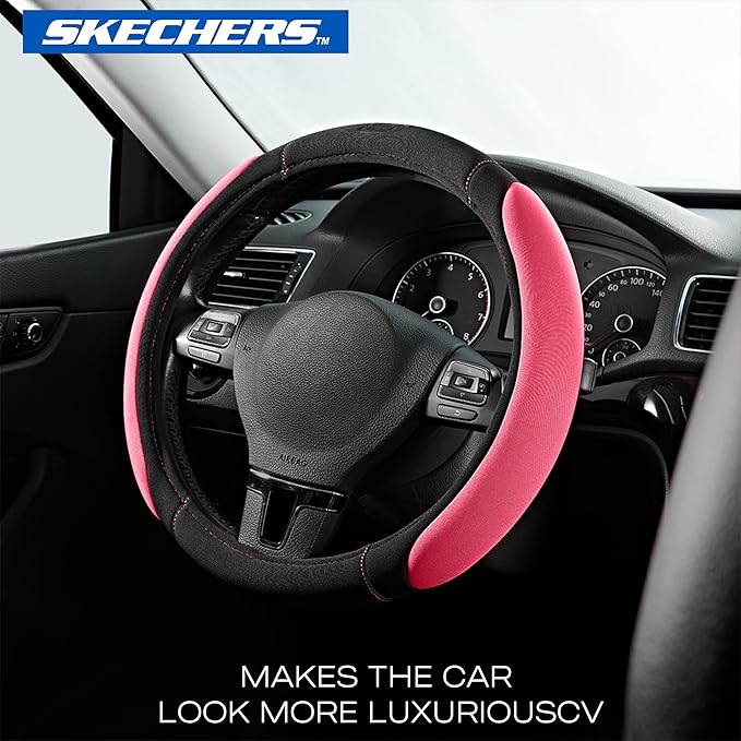 Skechers Pink Steering Wheel Cover, Memory Foam Car Steering Wheel Cover,14.5-15inch Anti-Slip Safety Comfortable Desgin, Uni