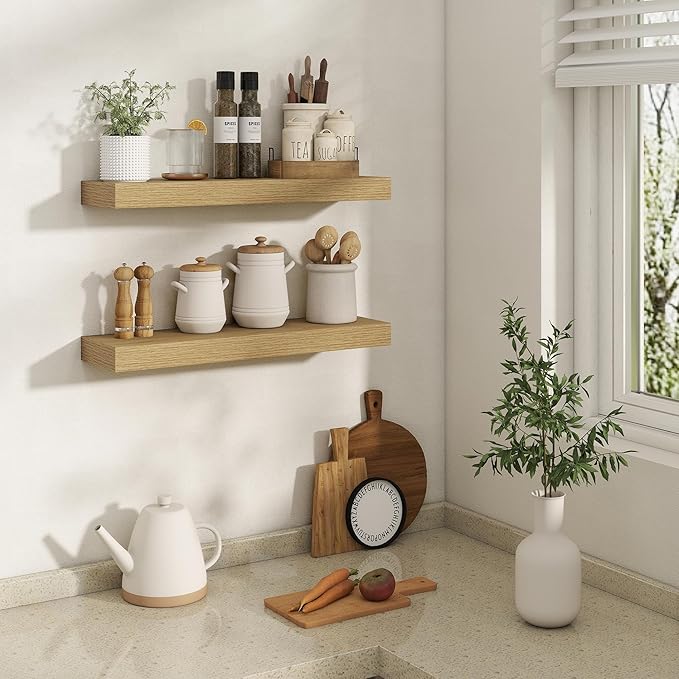 24 Inch Floating Shelves | 6.5 Inch Deep Oak Floating Shelves Set of 2 | 24" W x 6.5" D Rustic Oak Shelves with Invisible Bra