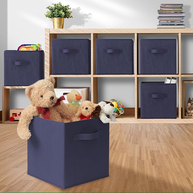 Casafield Set of 6 Collapsible Fabric Cube Storage Bins, Navy Blue - 11" Foldable Cloth Baskets for Shelves, Cubby Organizers