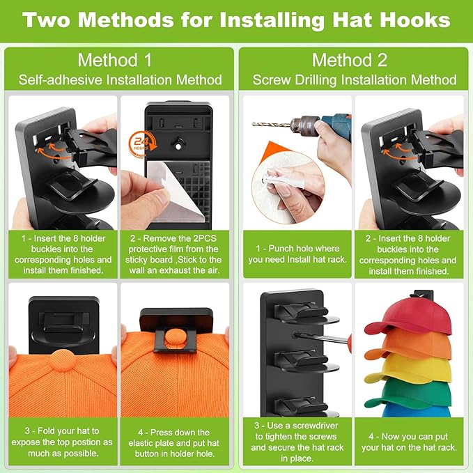 Haiou Hat Rack Hat Organizer for Baseball Caps Wall Mounted Hat Hanger Strong Adhesive Hat Hooks Hold up to 16 Hats for Home 