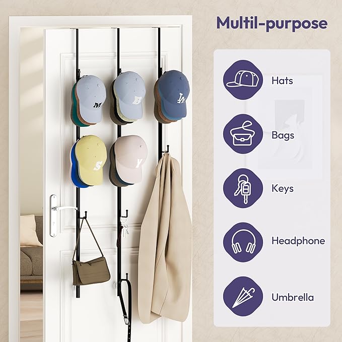 SWTYMIKI Over Door Hat Rack - 3 Packs Metal Hanging Hat Organizer with 12 Hooks Design, Baseball Cap Hanger Organizer Storage