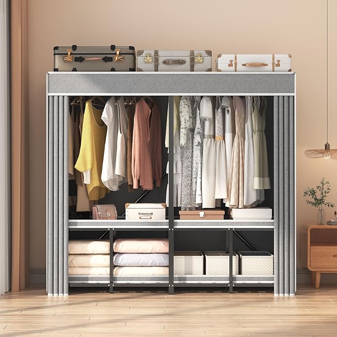 Foldable Wardrobe Closet, Clothes Rack with Cover for Bedroom, Portable Metal Closet Organizer, Thick Steel Tubes, Heavy Duty