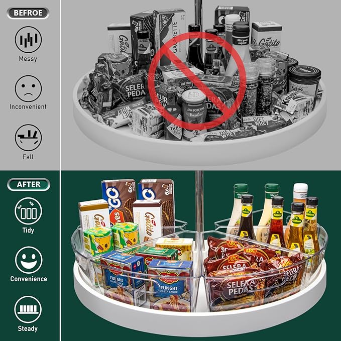 Lazy Susan Cabinet Organizer Bins for 26"/ 28"/ 32" Diameter Corner Organizer, Plastic Cabinet Storage Bin, 1/8 Wedge - Food 