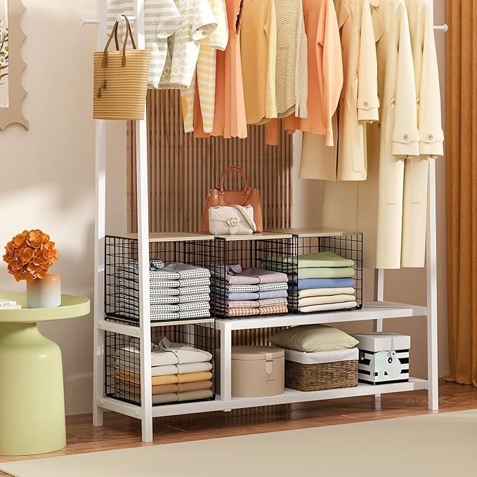 Hencawima 6 Pack Stackable Closet Organizers and Storage Basket, Closet Shelves with Wood Top, Clothes Storage Bin/Cube Organ