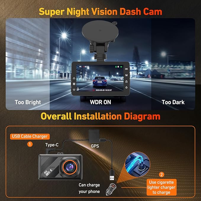 4K Dash Cam Front and Rear Camera with AI(ADAS), Dash Camera for Cars Built-in 5.8G WiFi GPS, 3.2" IPS Screen Dash Cam with 2