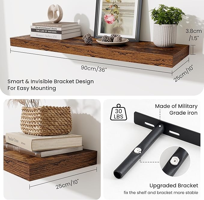 Fun Memories Floating Shelves for Wall 36 Inches, Wood Shelves with Invisible Bracket, 10" Deep Shelves Wall Mounted, Large F