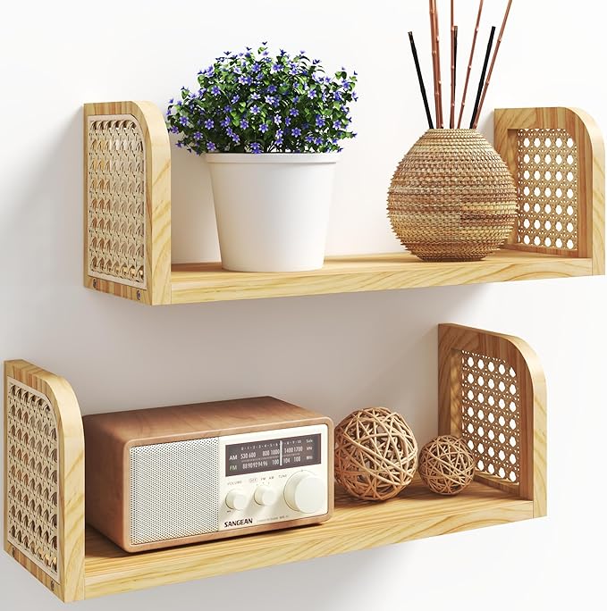 Rattan Shelf Set of 2, Cute Nursery Shelves Wall Mounted, Natural Hanging Bookshelf Storage, Boho Decorative Floating Shelves