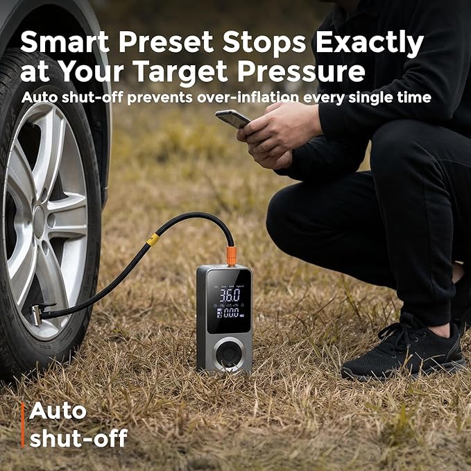 Cordless Tire Inflator Portable Air Compressor, 150PSI with Power Bank Function, Large LED Screen, Auto Shut-Off, 10 FT Car Cord & Type-C Cable for Car Motorcycle Bike Ball