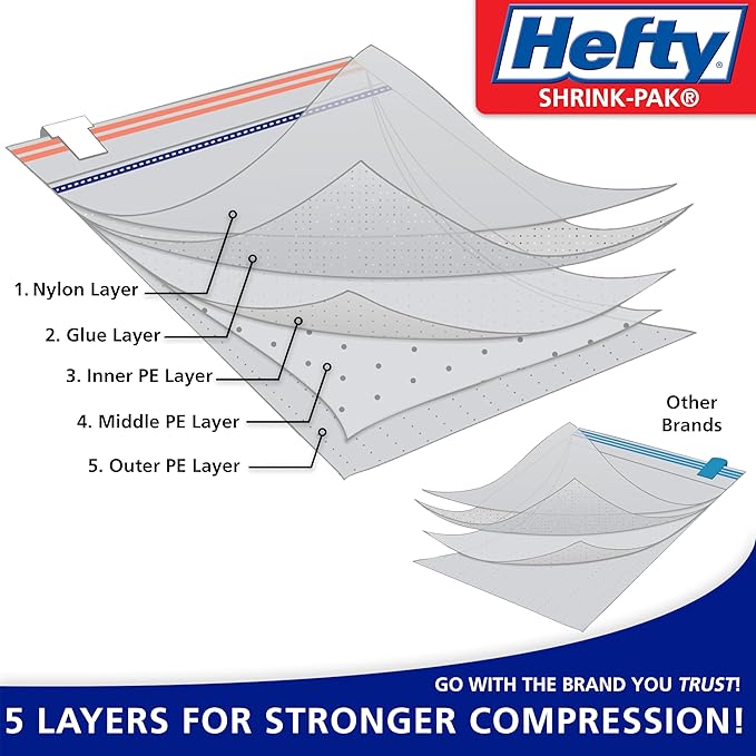 Hefty Shrink-Pak Vacuum Storage Bags - Space Saver for Under Bed Storage, Clothing and Comforters, Odor Resistant, 3X More St