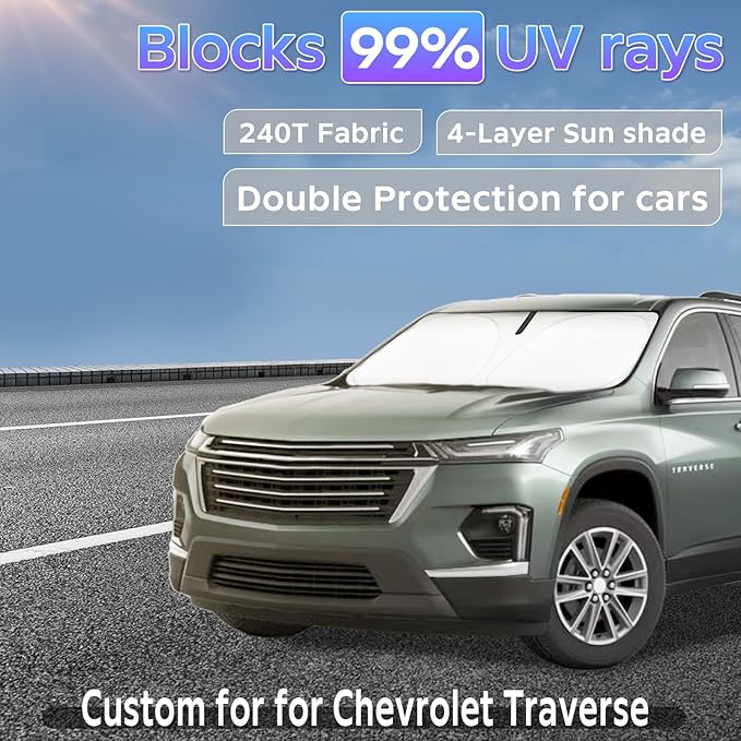 Sun Shade Sunshade for Chevrolet Traverse 2018-2025 2026 Windshield Cover, 4-Layers Sun Shield 250T Silver Sun Visor for Chevry Traverse LS, LT, RS, Redline, Premier SUV Car Accessories