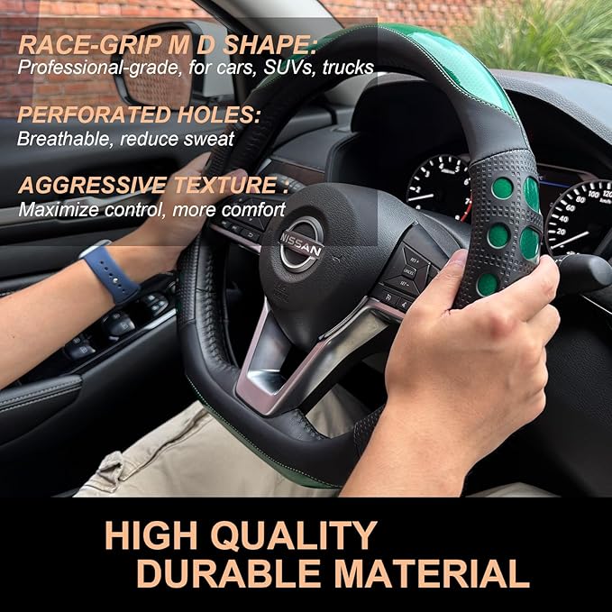 PINCTROT D Shaped Race Grip Steering Wheel Cover, Anti Slip Silicone Perforated Design with Soft Touch Padding, Enhanced Grip for Sporty Driving Flat Bottom 14.5-15 Inch (Racing Green)