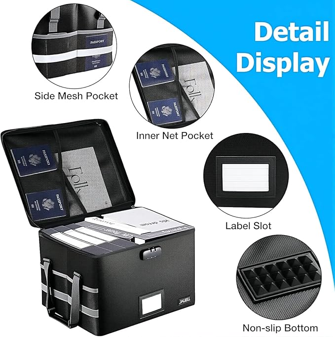 File Box with Lock, Fireproof Document File Organizer Box with Zipper & Adjustable Handle, Collapsible File Storage Box Home 