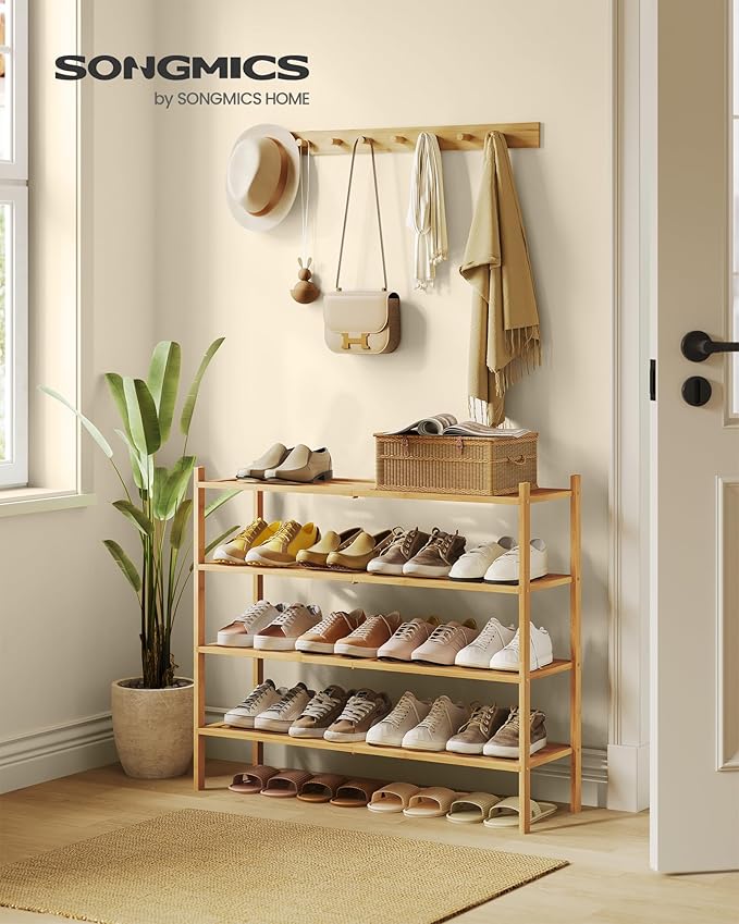 SONGMICS Bamboo Shoe Rack for Closet, Stackable Shoe Oragnizer with Modular Structure, Space-Saving Free Standing Shelf for E