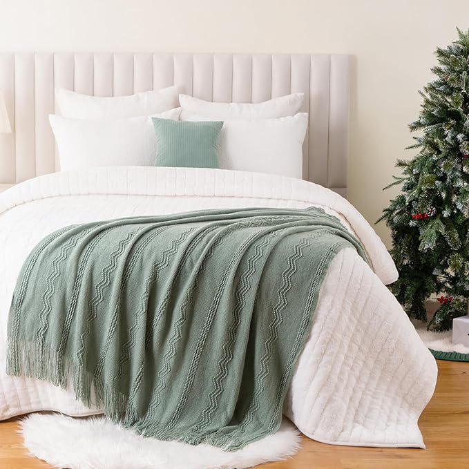 BATTILO HOME Sage Green Throw Blanket for Couch, Sage Green Decor, Knit Throw Blankets for Bed, Spring Throw Blanket Light Bl