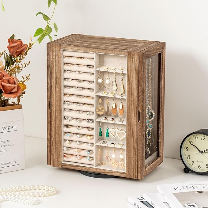 Emfogo 360° Rotating Jewelry Box for Women, Rustic Wooden Jewelry Organizer Box with 5 Drawers, Glass Doors, Vertical Open De