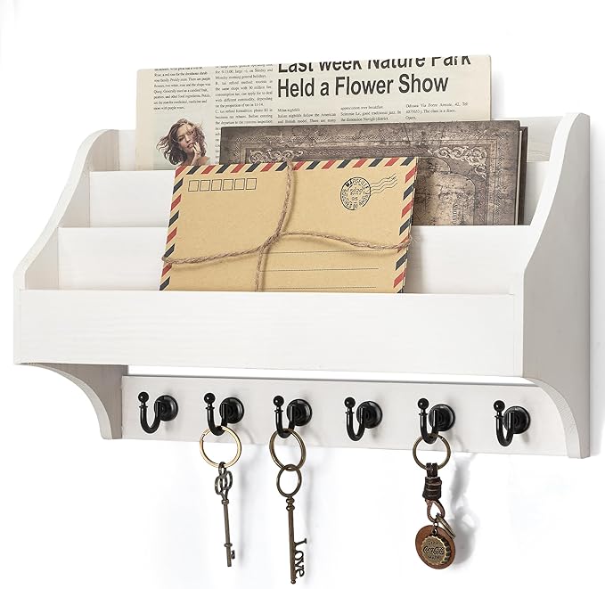 Rebee Vision Pine Wood Key Holder Wall Mount - Rustic Mail Holder for Wall with Key Hooks & 3-Tire Letter Slots - Multifuncti