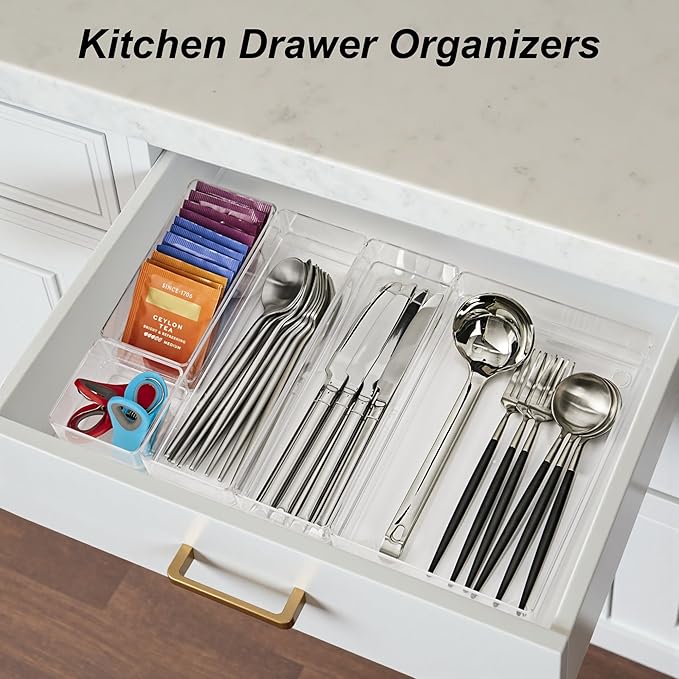 SMARTAKE 25-Piece Drawer Organizer with Non-Slip Silicone Pads, 4-Size Desk Drawer Organizer Trays Storage Tray for Makeup, J