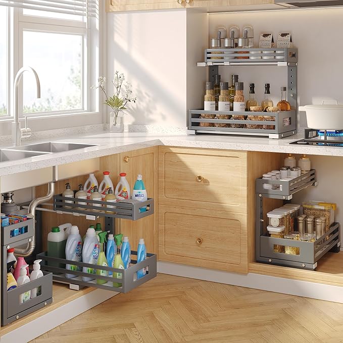 1-Pack Under Sink Organizers and Storage,2-Tier L Shape Pull Out Cabinet Organizer With Round Tube Slide Rails,Hight Adjustab