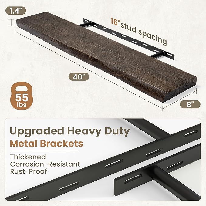 Fun Memories Floating Shelves for Wall Decor Set of 1-40 Inch Solid Elm Wood Live Edge - Rustic Walnut Wall Shelves with Invi