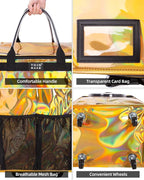 Reusable Grocery Bag with Wheels (Large, Glitter Gold), Rolling Shopping Bag with 8 Pockets and Zipper Cover Foldable Rolling Tote for Women, Travel, Garden, Carries Up to 76LBS