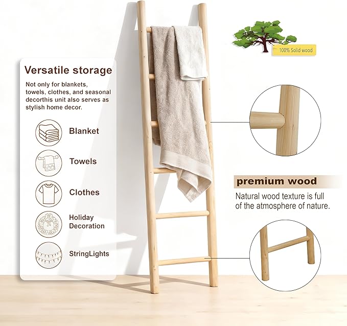 Wooden Blanket Ladder - 76in Natural & Motley Wood - Leaning Wall Decor for Bedroom, Bathroom, Living Room - Rustic Quilt Hol