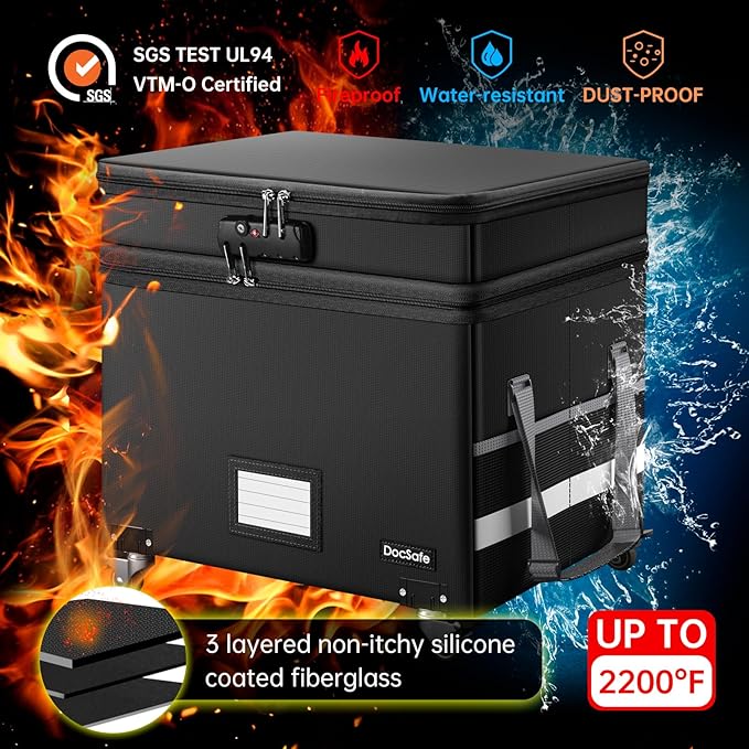 DocSafe Fireproof Document Box with Lock,2-Layer File Box with Wheels,Collapsible File Storage Organizer with Pockets,Large P