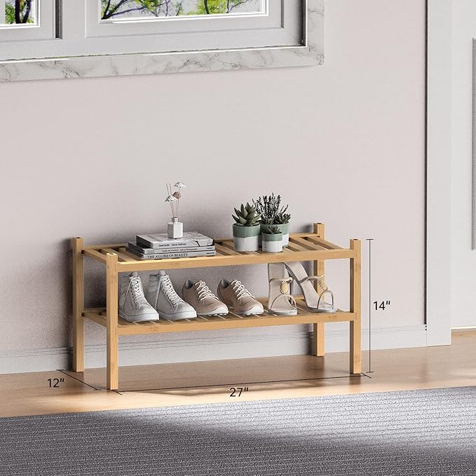 ROMGUAR CRAFT (Thick Bamboo Shoe Rack for Entryway, 2-Tier Free Standing Shoe Racks Stackable Shoe Rack Organizer for Hallway
