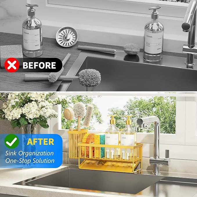 Cisily Lemon Yellow Sink Caddy Organzier with High Brush Holder, Sponge Holder for Sink, 304 Rustproof Stainless, Kitchen Cou