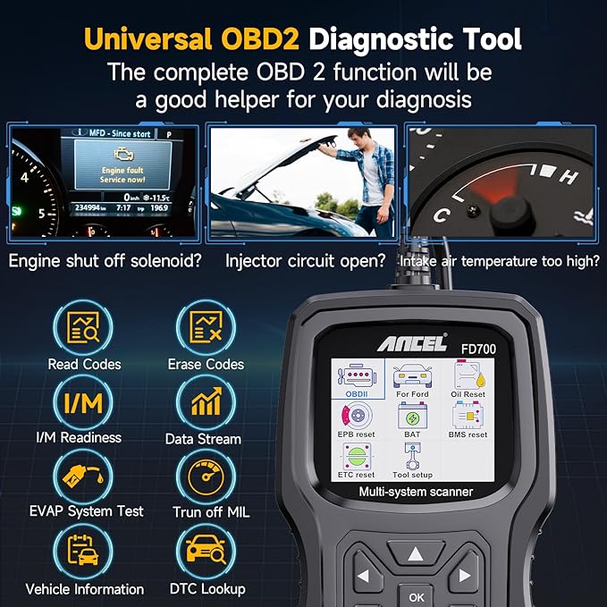 ANCEL FD700 Ford Lincoln Mercury OBD2 Scanner, Full System Automotive Car Code Reader with All Functions, Including Battery