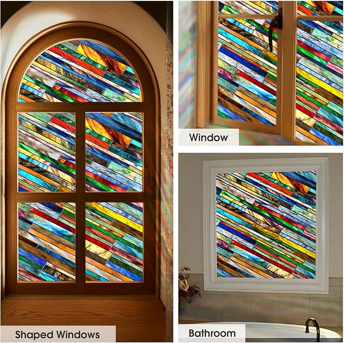 SUNBABY Stained Glass Window Privacy Film: 3D Decorative Vintage Static Clings, Day and Night Privacy, Renter-Friendly Non-Adhesive Sticker for Home Bathroom Door Window Coverings,16.9 x 39.4 Inch
