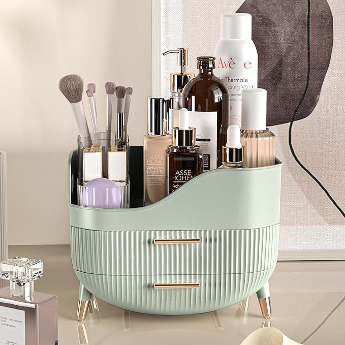 Pajiriona Makeup Organizer with Drawers, Green Skincare Organizer for Vanity, Storage Box with Handle, Large Cosmetic Display