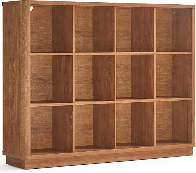 Joaxswe 12 Cube Storage Organizer, 41" Wide Large Bookshelf with Curved Edge, Wood Floor Standing 3-Tier Cubby Bookcase w/Bas
