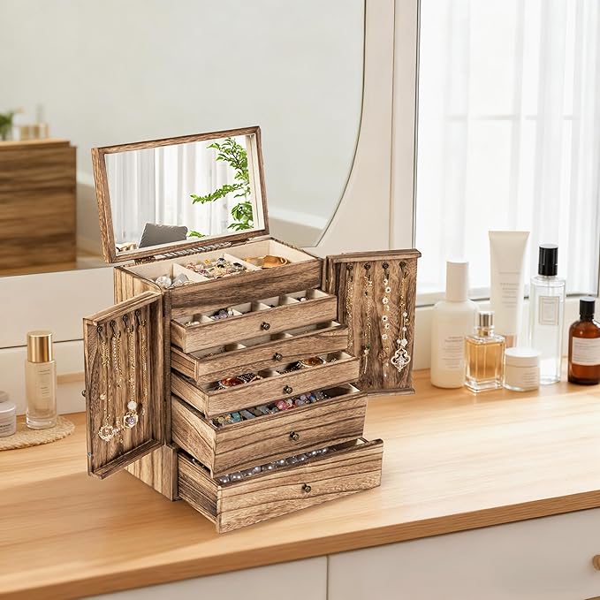 Emfogo Wooden Jewelry Box for Women, 6-Tier Large Jewelry Organizer Boxes with Mirror Rustic Solid Wood jewlery Storage Displ
