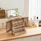 Emfogo Wooden Jewelry Box for Women, 6-Tier Large Jewelry Organizer Boxes with Mirror Rustic Solid Wood jewlery Storage Displ