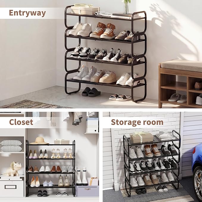4Tier Shoe Rack - Expandable Shoe Organizer for Closet, Adjustable Metal Shoe Shelf Storage, Stackable Long Shoe Stand Holder