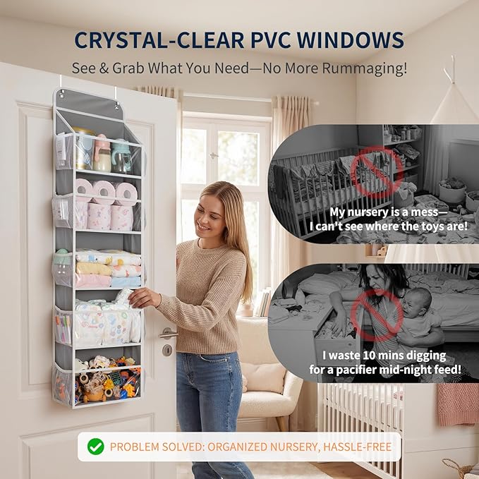 Yecaye 5-Tier Over the Door Organizer Hanging, Toy Stuffed Animal Storage, Behind the Door Storage with 5 Clear View Windows 