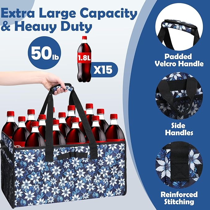 Muzale Extra Large Utility Tote Bag with Wire Frame Heavy Duty Grocery Bags Reusable Shopping Bags for Groceries with Handles Foldable XL Beach Bag for Travel Picnics Camping Car Trunk Organization