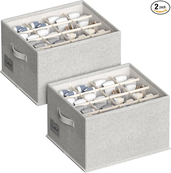 2 Pack Shoe Organizer for Closet, Fits 16-32 Pairs Fabric Shoe Storage Bins Large Shoe Box Storage Containers with Bottom Sup