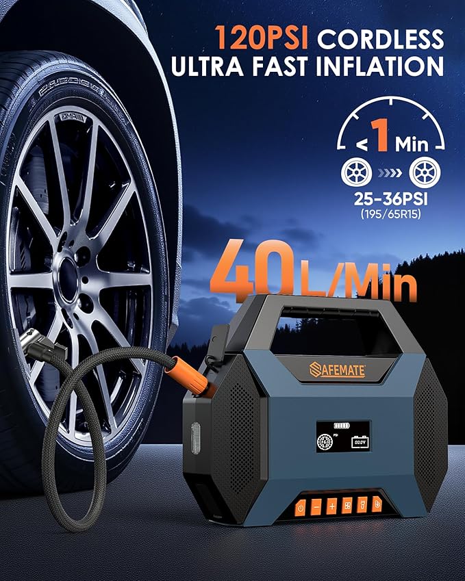 2500A Car Jump Starter with Air Compressor - 120PSI Tire Inflator, 40W Fast Charging, 48.84Wh Portable Power Bank, Voltage