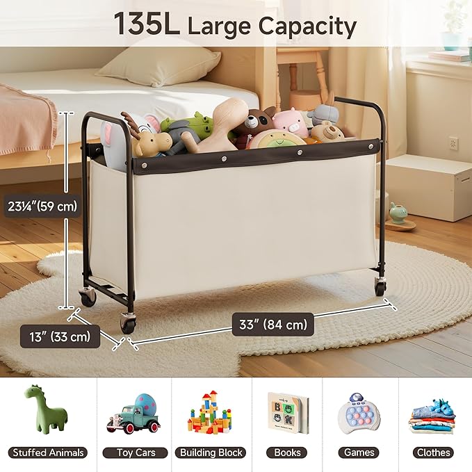 StorageWorks Toy Box with Wheels for Kids, 135L Large Toy Storage Chest and Organizer, 23" Metal Toybox with 360° Swivel Whee